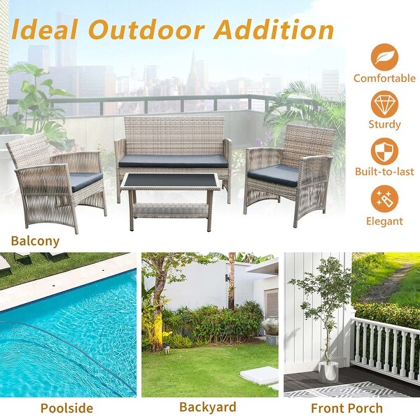 4Piece Rattan Wicker Patio Furniture Conversation Set with Coffee Table Bistro Set,Cushions Included🎃