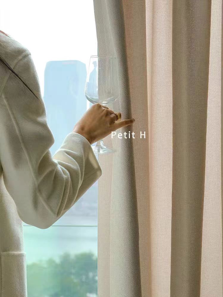 FA004 - Home Herm@s Blackout Cream Solid Linen-Like Living Room Bedroom Floor-to-Ceiling Blackout Curtains