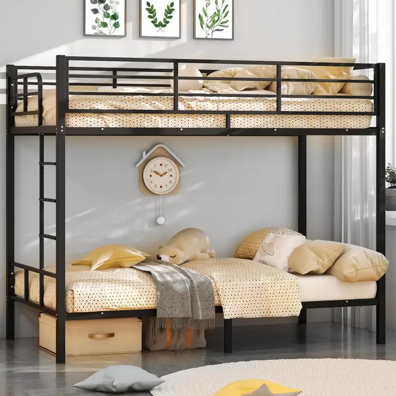 VINGLI Twin-over-Twin LED Bunk Bed — Non-Slip Ladder, Full-Length Guardrail, and Built-in Lighting