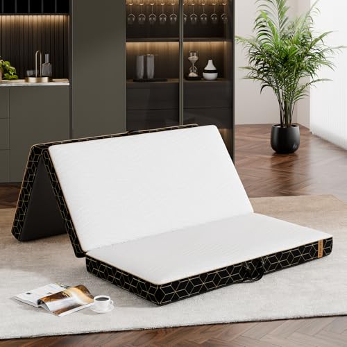 Tri-Fold Memory Foam Mattress Queen - 6 Inch Portable Folding Mattress with Handle & Washable Cover, Floor Bed with Non-Slip Base, Space-Saving for Kids Room, Travel, Guest Bed, Yoga, RV, 78