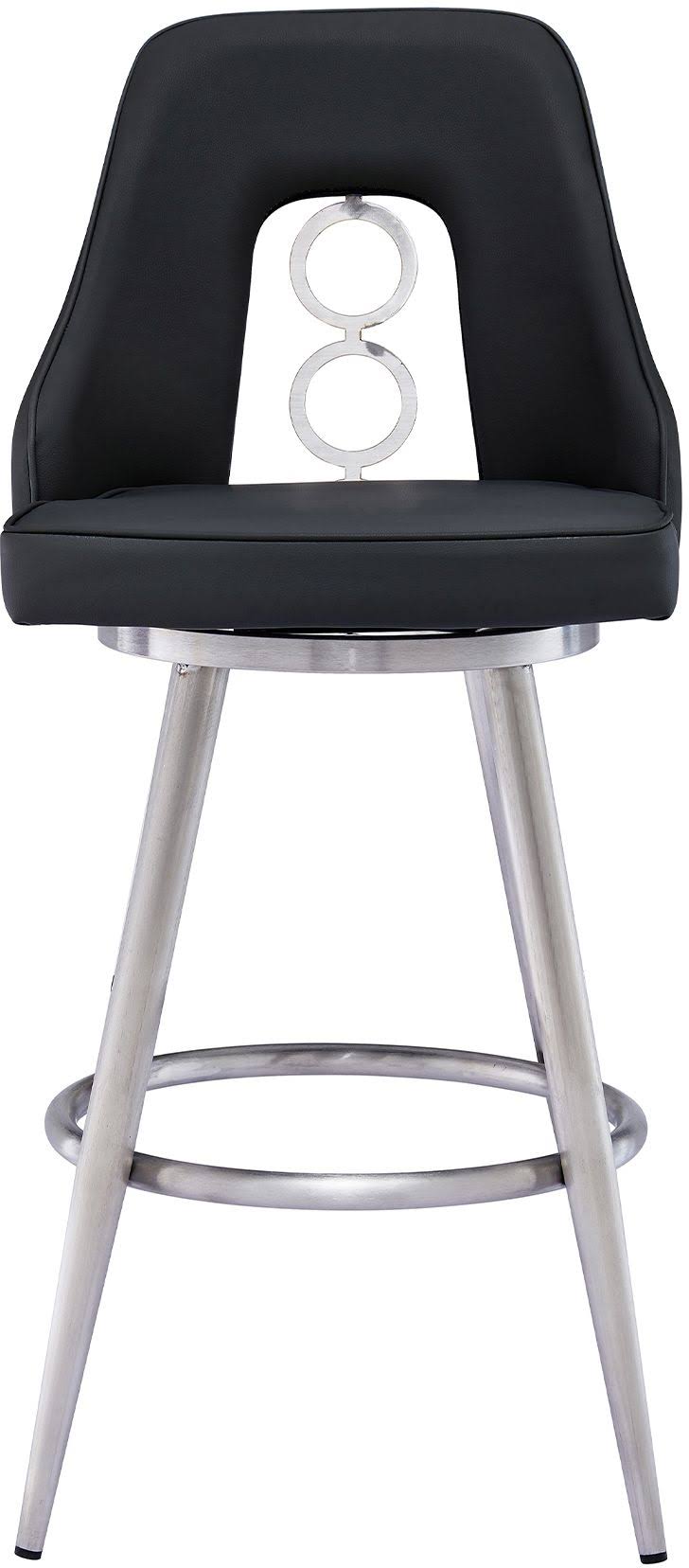 Armen Living Ruby Contemporary 30 inch Bar Height Barstool in Brushed Stainless Steel Finish and Black Faux Leather