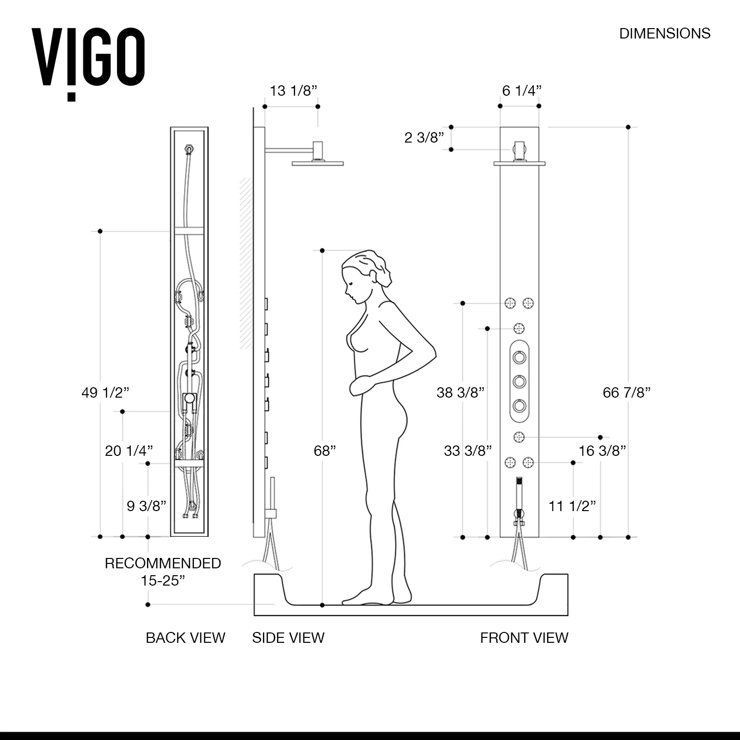 VIGO Dilana 67 in. H x 6 in. W 6-Jet Shower Panel System with Adjustable Round Head and Hand Shower Wand in Stainless Steel