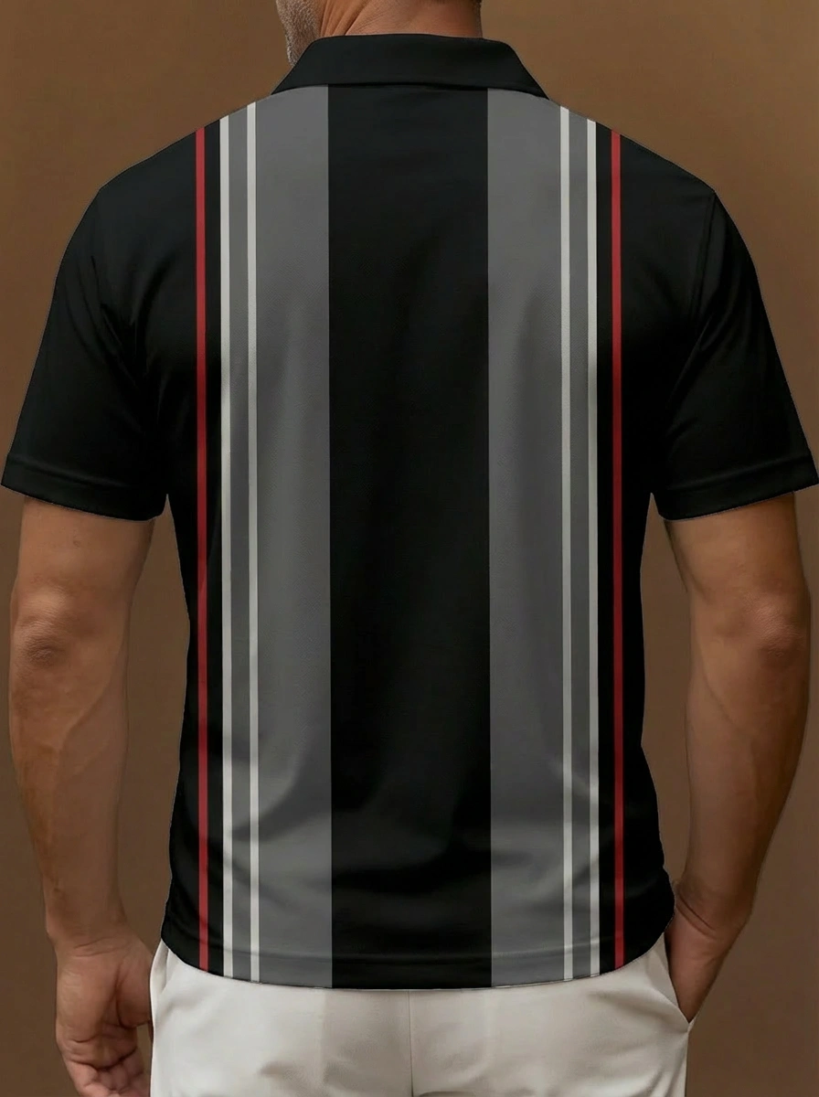 Black Grey Red Vertical Stripe Pattern Button Short Sleeve Golf Polo Shirt