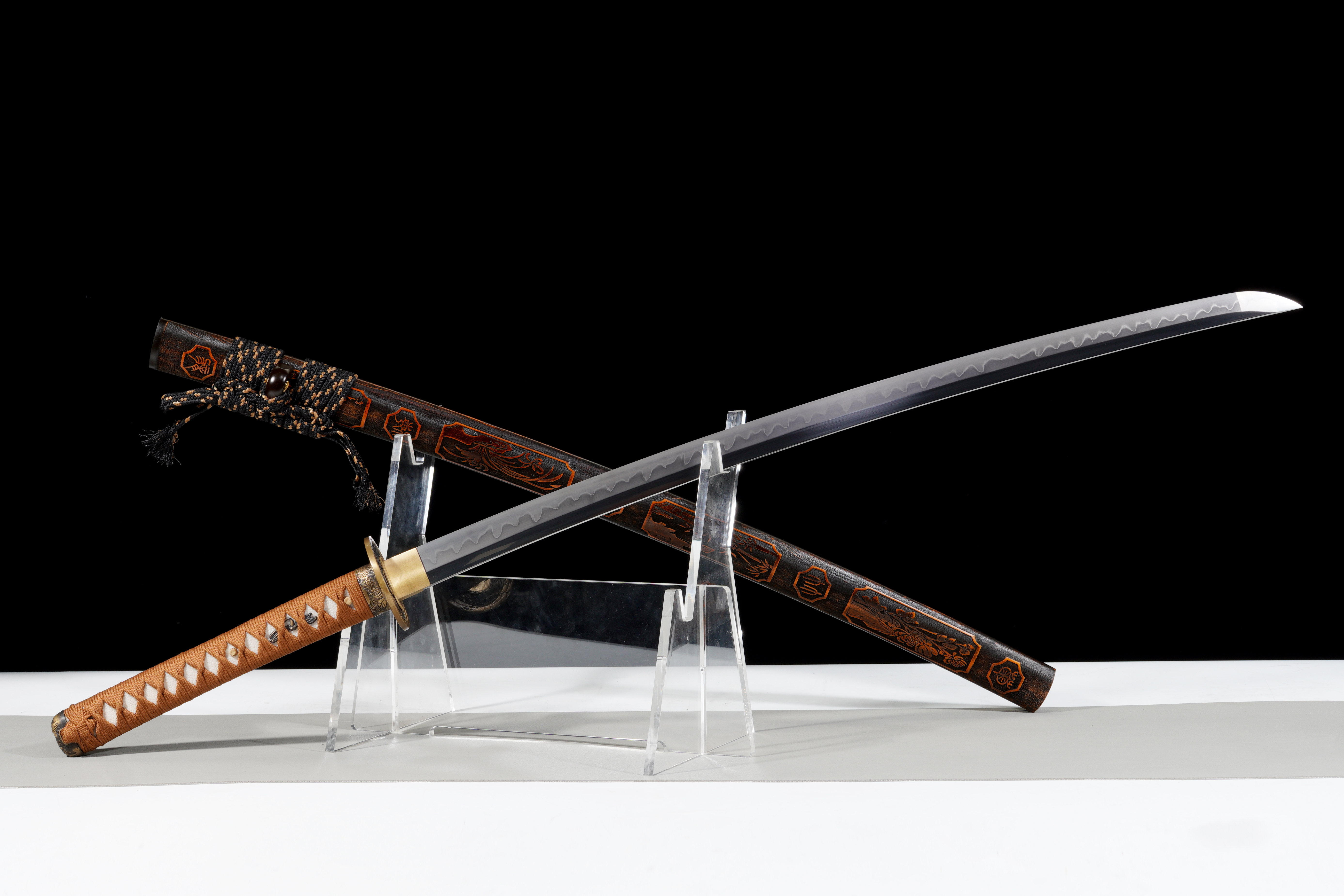 Handmade Katana T10 Steel Clay Tempered Four Gentlemen Saya Full Tang