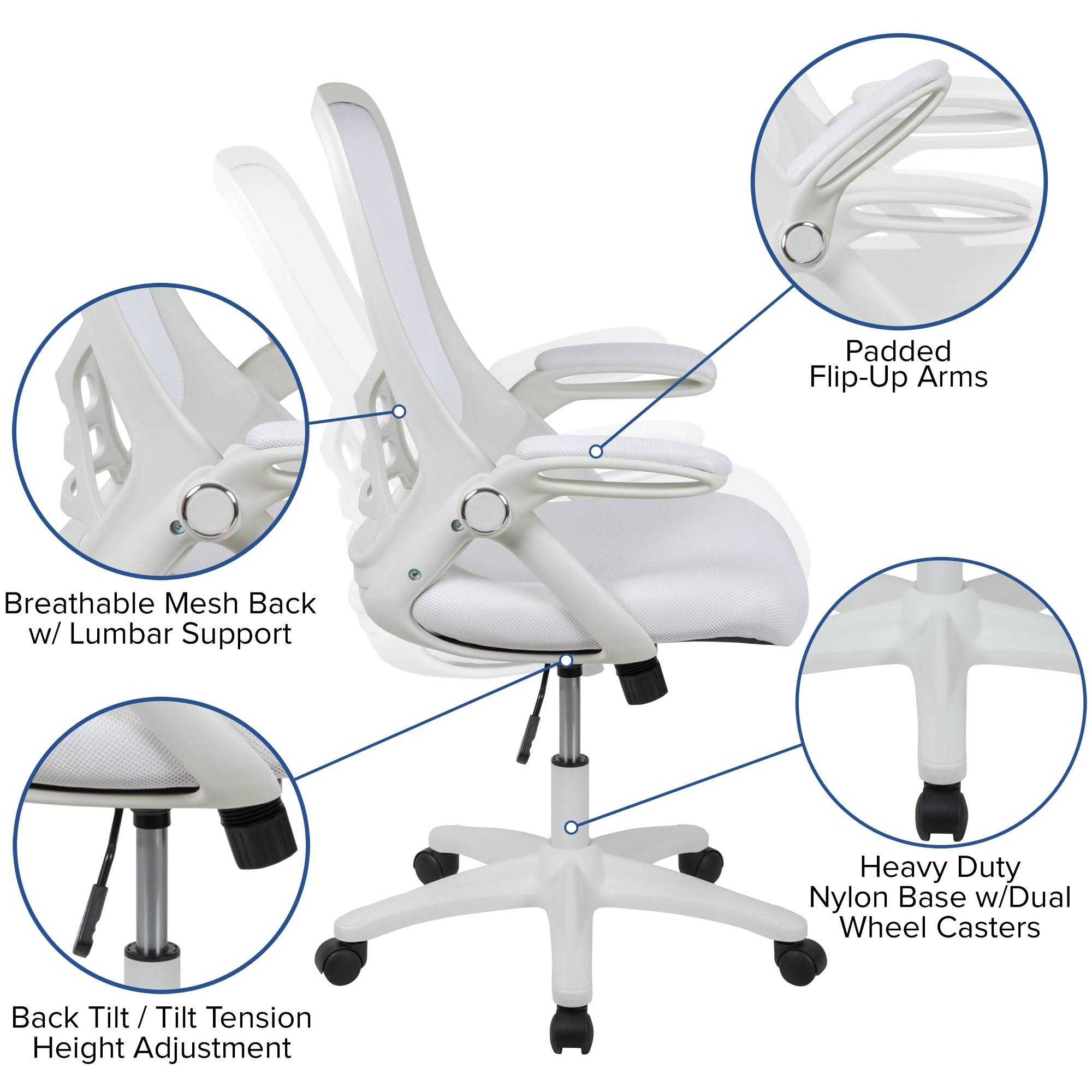 Emma and Oliver High Back White Mesh Ergonomic Office Chair with White Frame and Flip-Up Arms