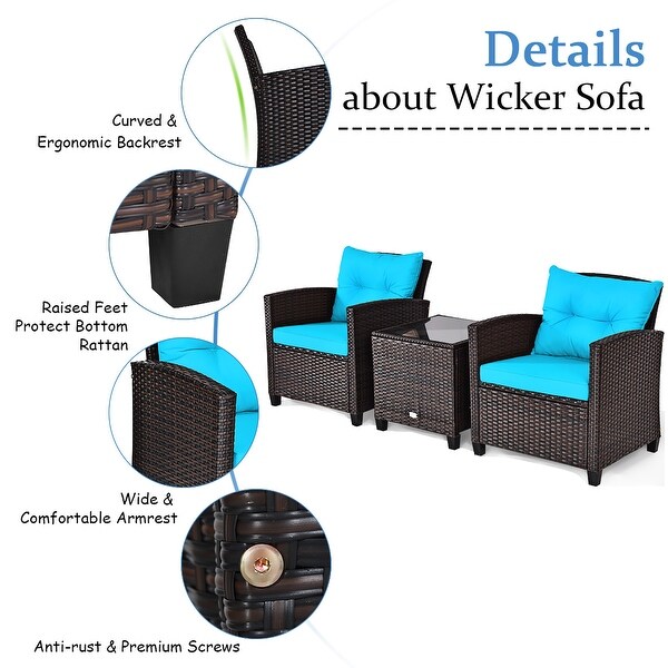 Costway 3PCS Patio Rattan Furniture Set Cushioned Conversation Set