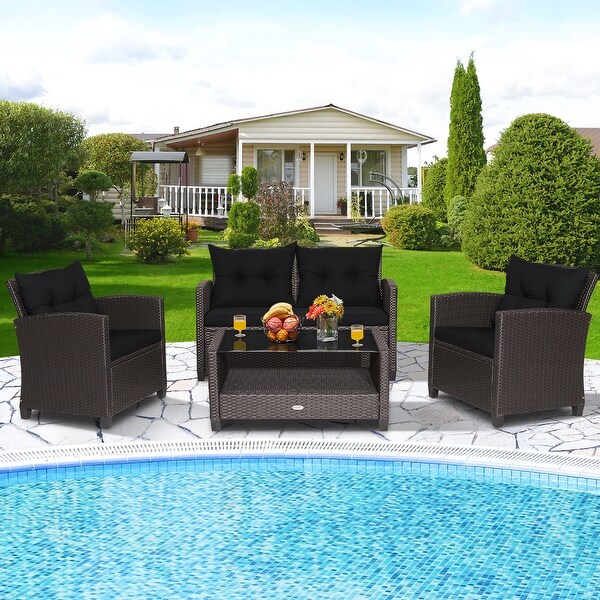 Costway 4 PCS Patio Rattan Furniture Set Glass Table Shelf Sofa
