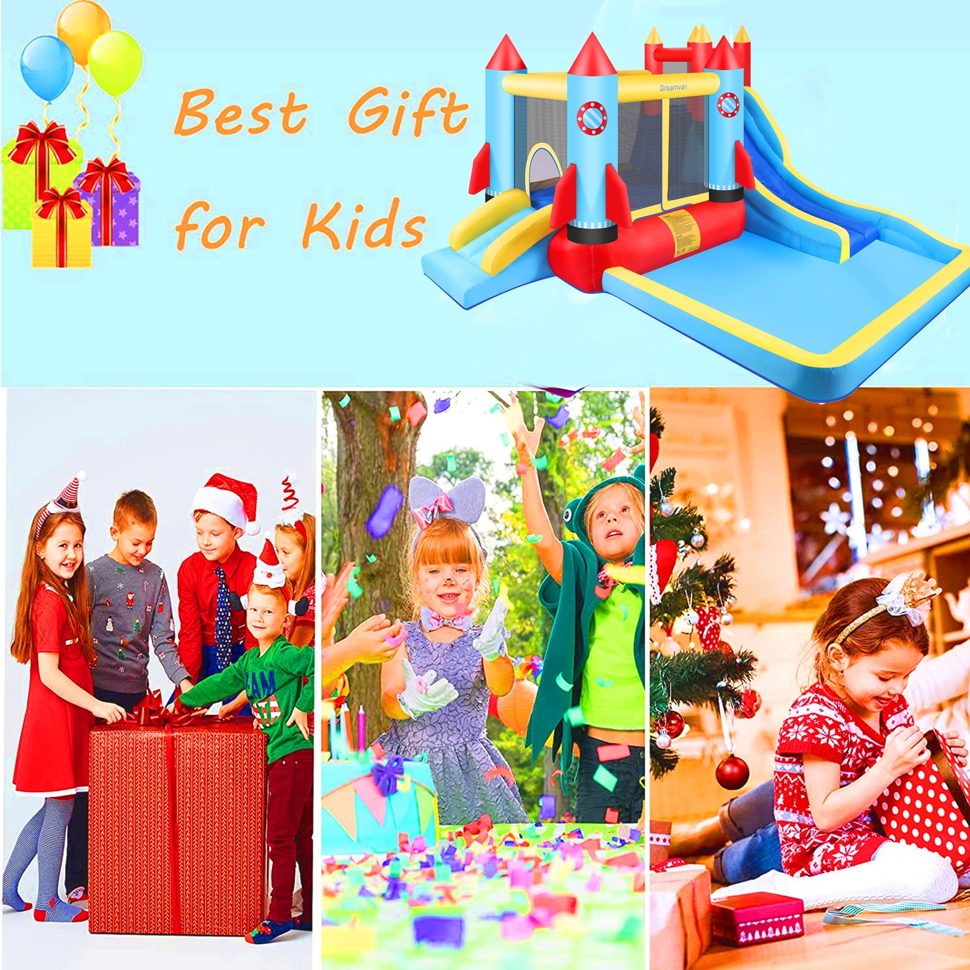Inflatable Bounce House with Blower Children Bouncer with Large Bounce Area, 2 Slides, Climbing Wall, Play Pool, Water Slide, Park/Castle Theme