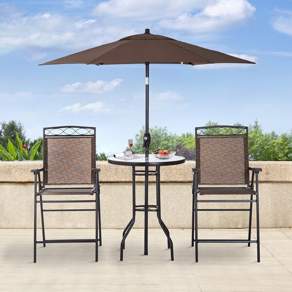 4 Piece Outdoor Patio Dining Furniture Set,2 Folding Chairs,Adjustable Angle Umbrella,Wave Textured Tempered Glass Dinner Table
