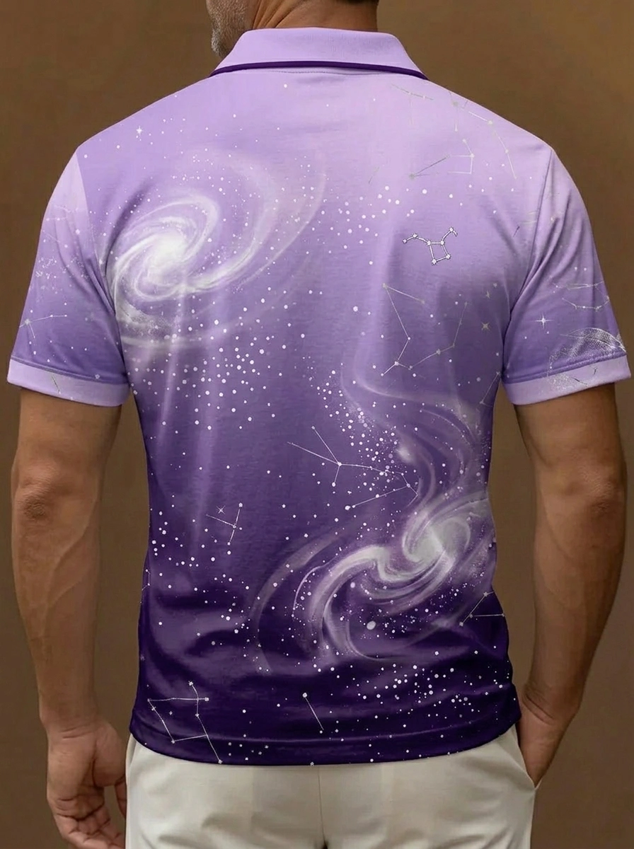 Purple Galaxy Constellation Print Gradient Short Sleeve Golf Polo Shirt