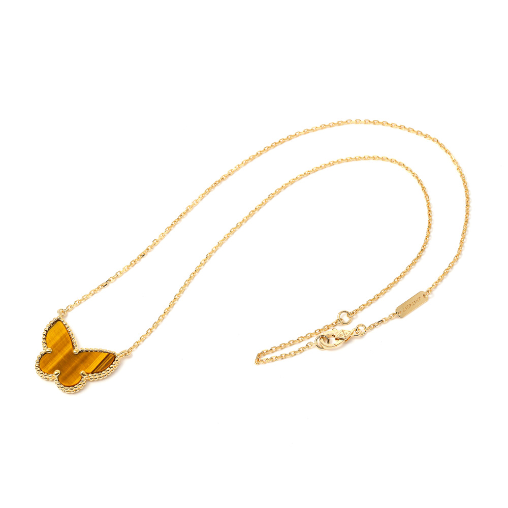 Van Cleef & Arpels Lucky Alhambra Papillon Necklace 18K Yellow Gold Tiger Eye VCARD98500