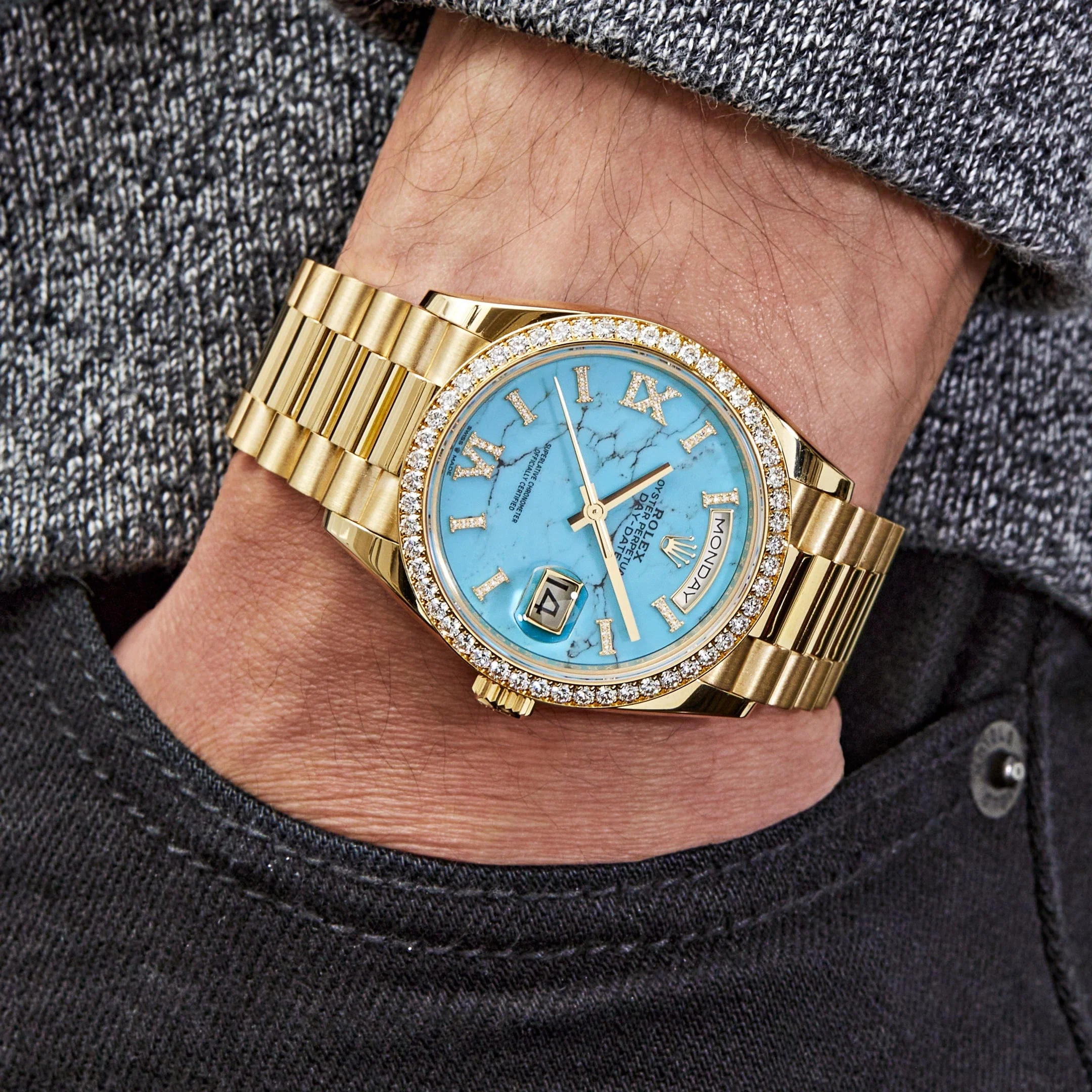 Rolex Day-Date 36 128348RBR Yellow Gold Diamond Bezel Turquoise Stone Diamond Dial