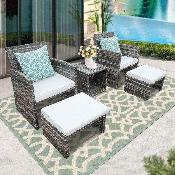 5piece Outdoor Wicker Seating Set with Chair,Ottoman and Cushion