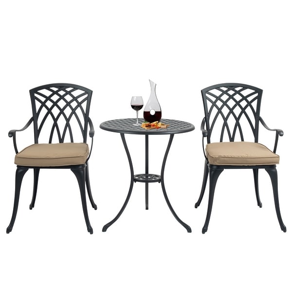 3 Piece Bistro Table Set Cast Aluminum Outdoor Patio Furniture with Umbrella Hole and Grey Cushions for Patio Balcony,Black