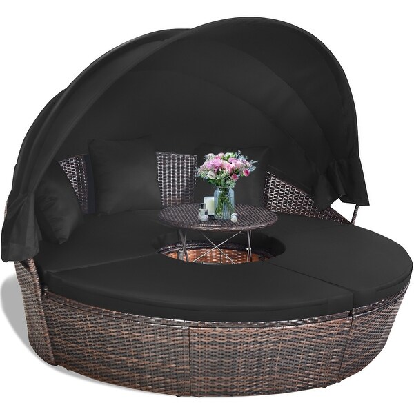 Costway Patio Rattan Daybed Cushioned Sofa Adjustable Table Top Canopy