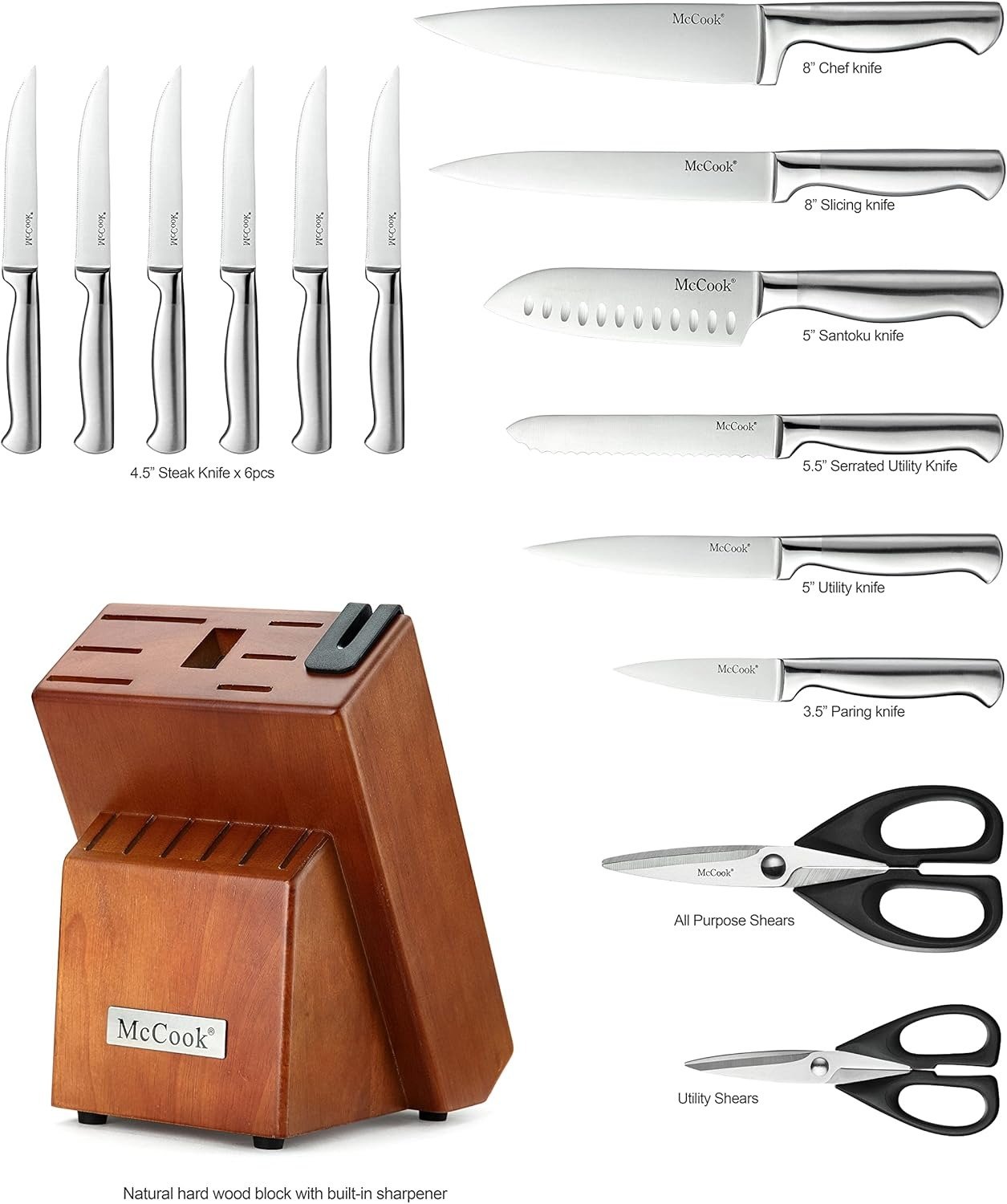 15-Piece Kitchen Knife Block Set German High-Carbon Stainless Steel Built-in Sharpener