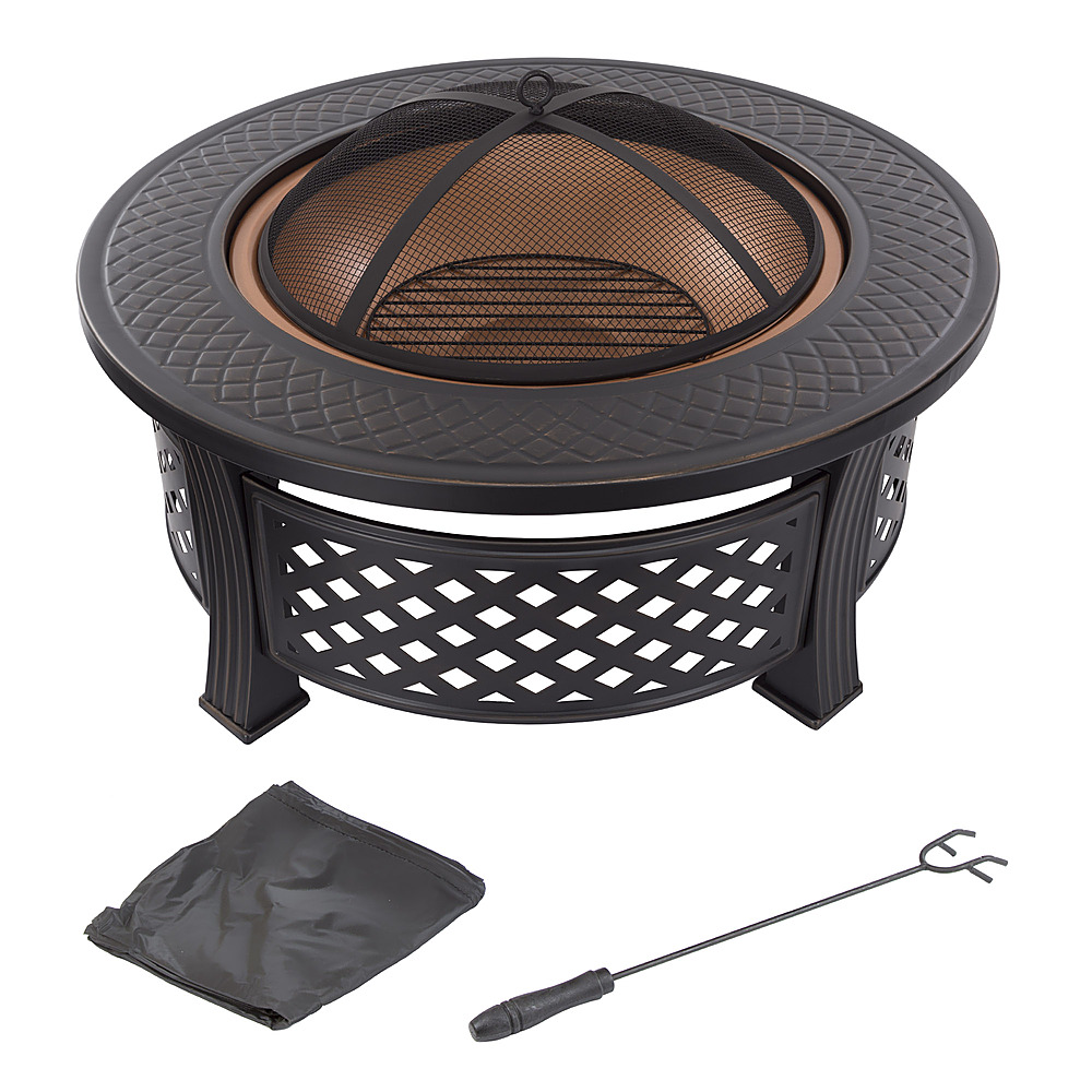 Pure Garden - Fire Pit Set, Wood Burning Pit - Includes Spark Screen and Log Poker, 32” Round Metal Firepit - Black/Copper