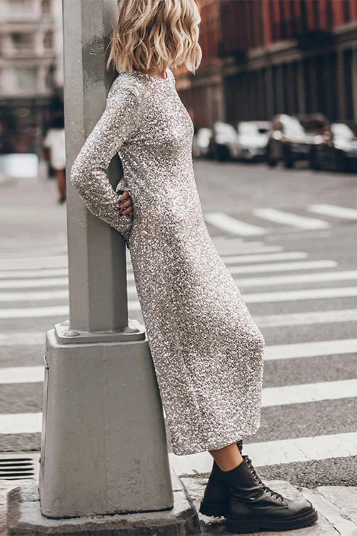 Sequin Long Sleeve Back Cutout Midi DressClistos