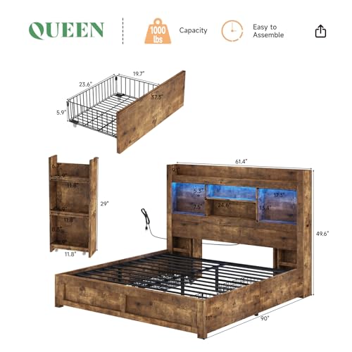 AMERLIFE Full Size Bed Frame with 4 Storage Drawers, LED Bed Frame with 49.6