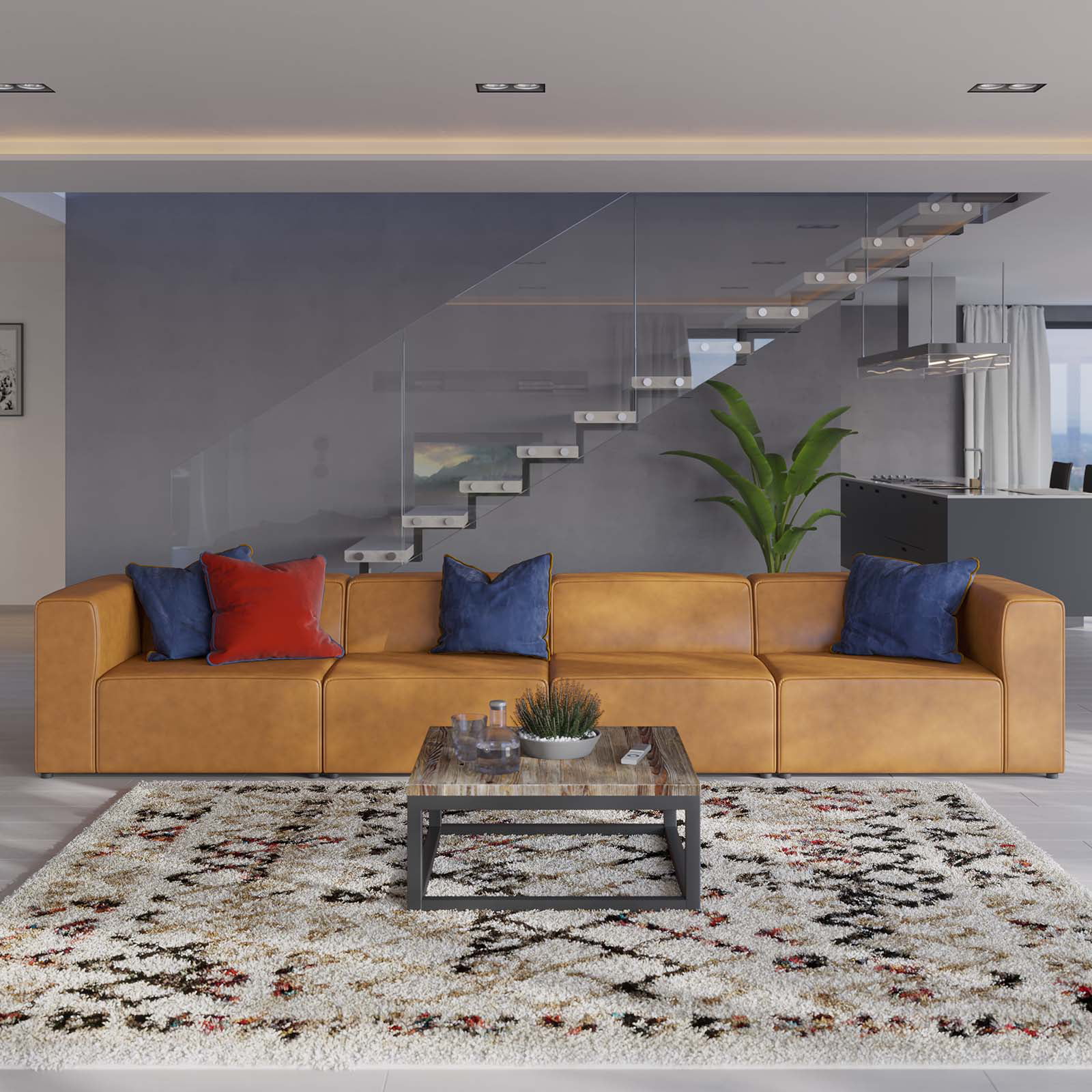 Sectional Sofa Set, Faux Vegan Leather, Tan, Modern Contemporary Urban Design, Living Lounge Room Hotel Lobby Hospitality