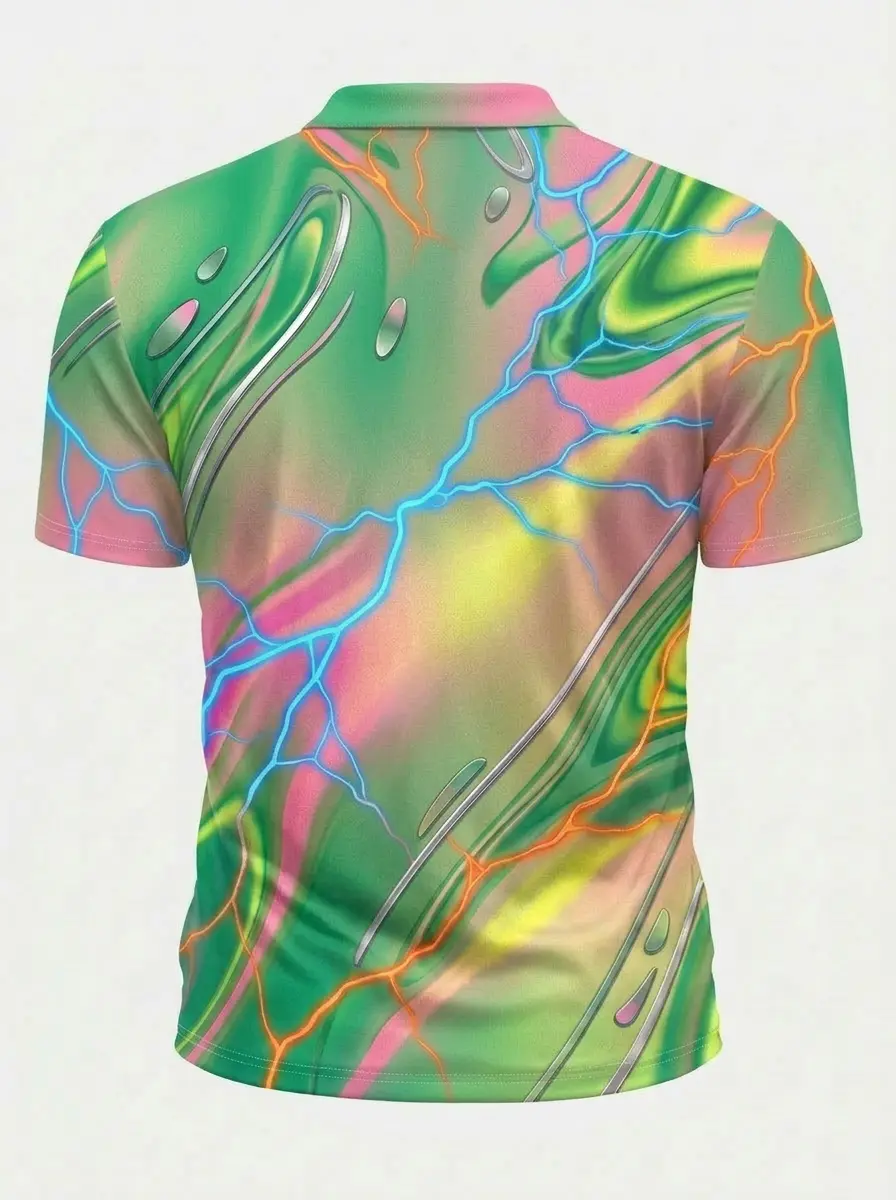 Moisture Wicking Golf Polo 3D Green Pink Orange Lightning Print Button Short Sleeve Golf Polo Shirt