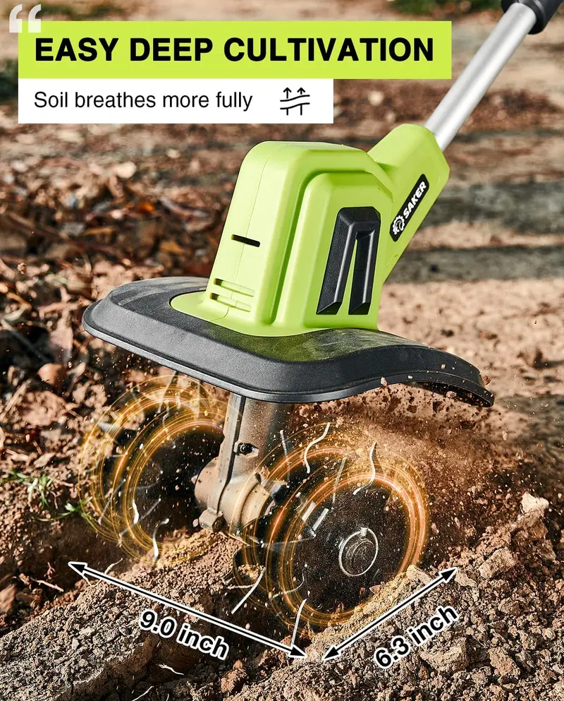 Saker 22V Cordless Garden Tiller – Lightweight 9-Inch Cultivator with 6.3-Inch Depth, 2 Batteries Included