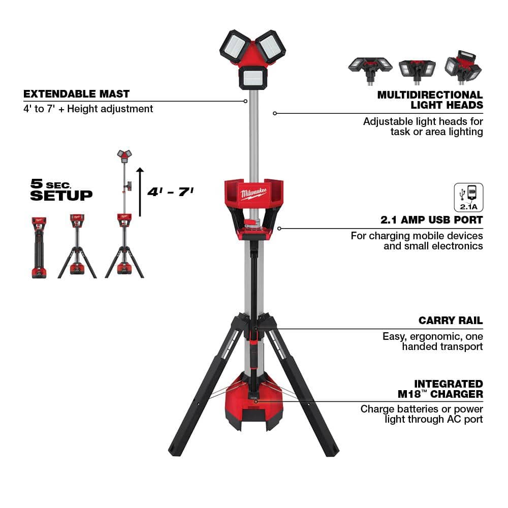Milwaukee M18 18-Volt Lithium-Ion Cordless 6,000 Lumens Rocket Dual Power Tower Light with Charger (Tool-Only) 2136-20