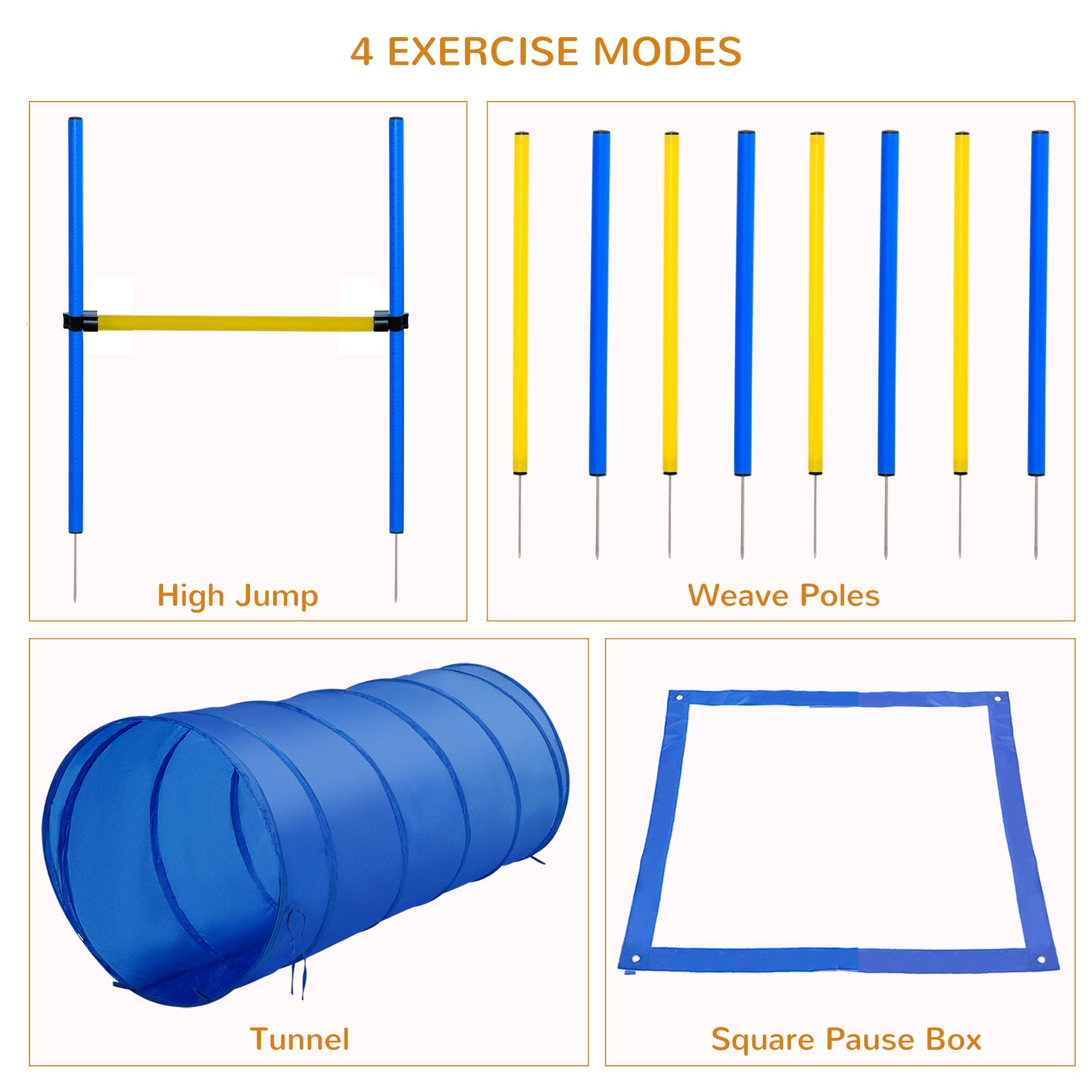 Pawhut 4PC Obstacle Dog Agility Training Course Kit Backyard Competitive Equipment- Blue, Yellow