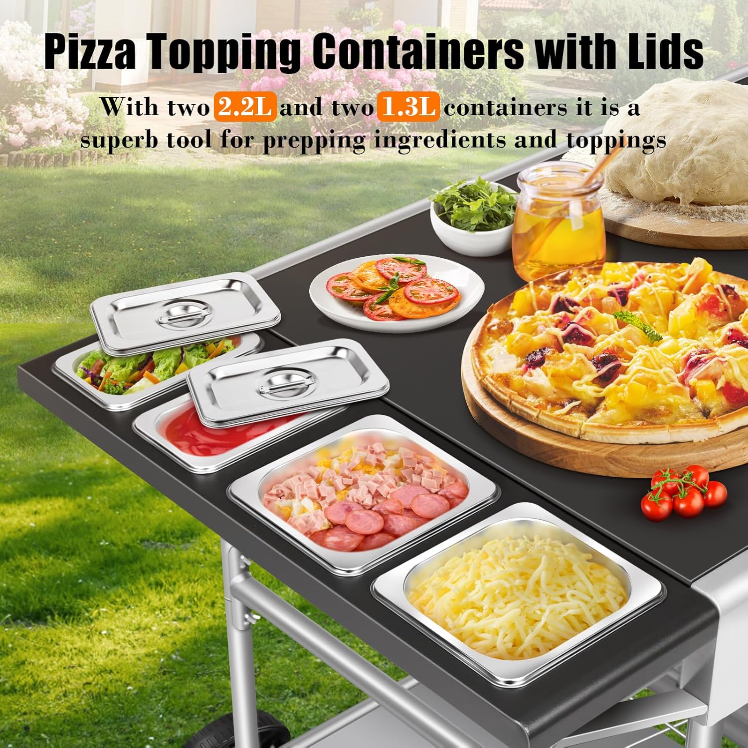 Pizza Oven Table with Topping Station, Movable Stand for Outdoor Grilling - Black