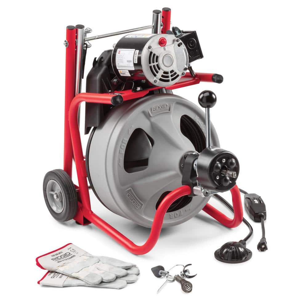 Ridgid K-400 Drain Cleaning Snake Auger 120-Volt Drum Machine with C-32IW 3/8 in. x 75 ft. Cable + 4-Piece Tool Set & Gloves 52363