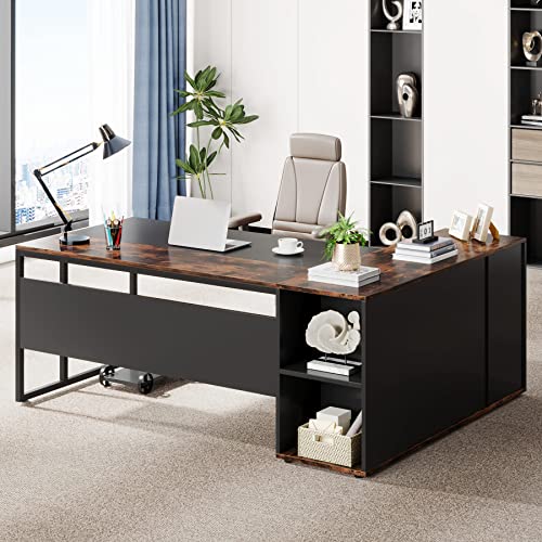 Tribesigns 71 inch Executive Desk, L Shaped Desk with Cabinet Storage, Executive Office Desk with Shelves, Business Furniture Set Workstation for Home Office, Gray and White