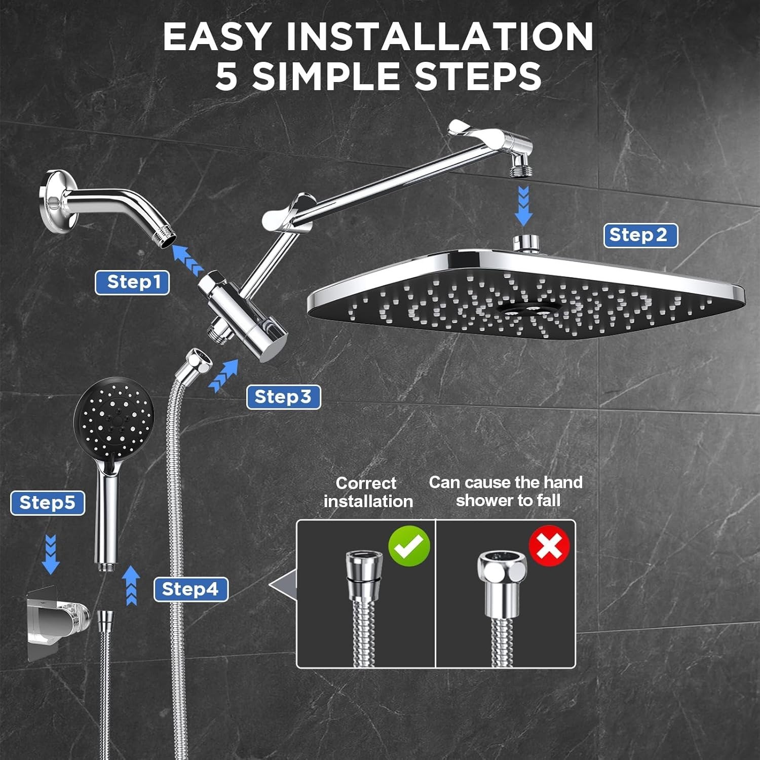 14′′ Wide Rain Shower Head with Handheld, High Pressure Handheld Shower Heads with Multi Spray Modes, Rainfall Combo with Metal Extension Arm,Detachable Dual Shower, Extra Long Hose,Silver Chrome