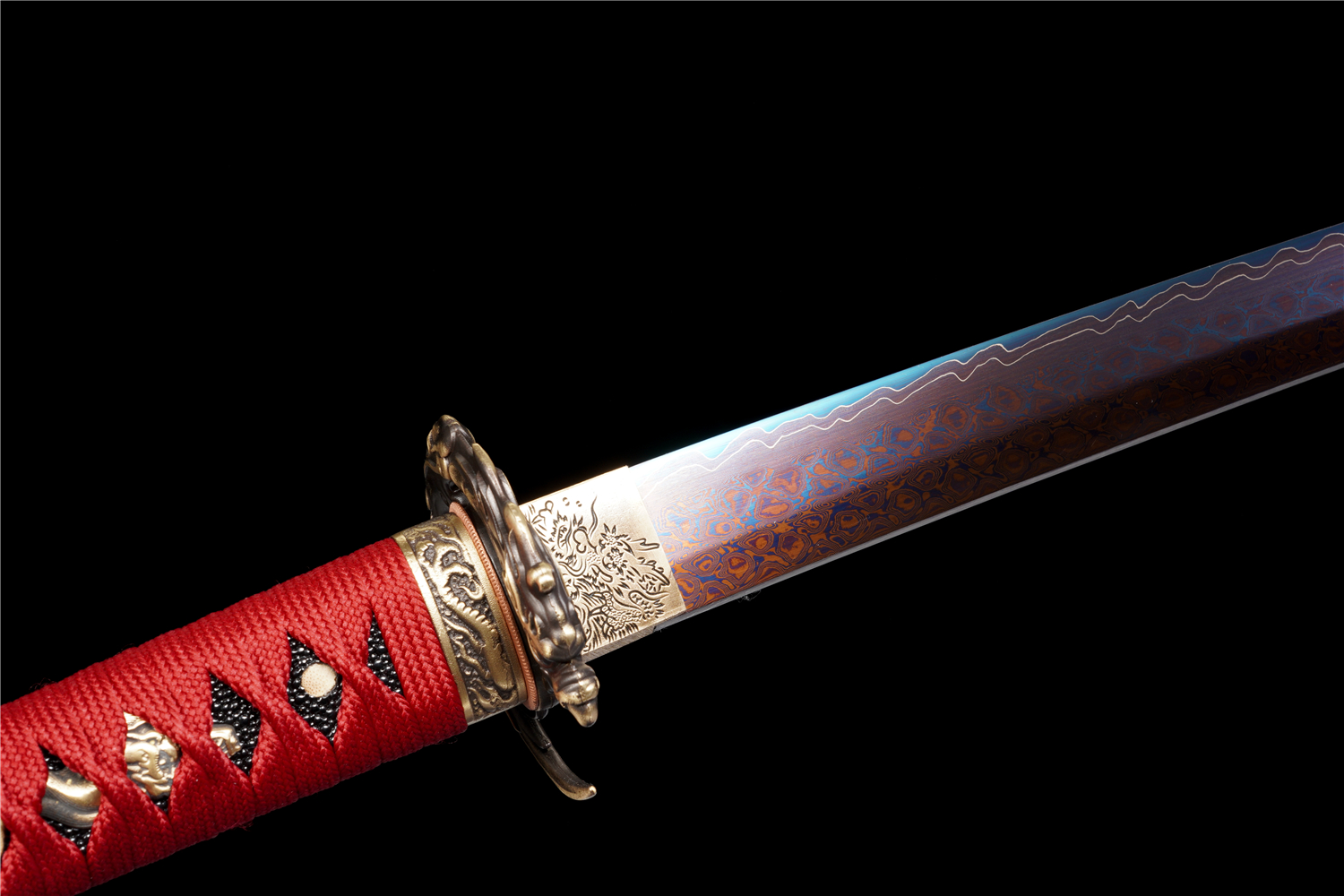 Handmade Katana Damascus Sanmai Blue Blade Dragon Scale Tsuba Full Tang