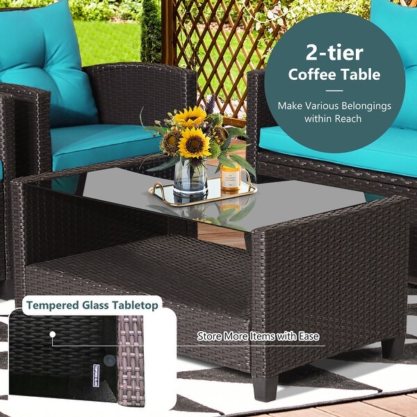 Costway 4 PCS Patio Rattan Furniture Set Glass Table Shelf Sofa
