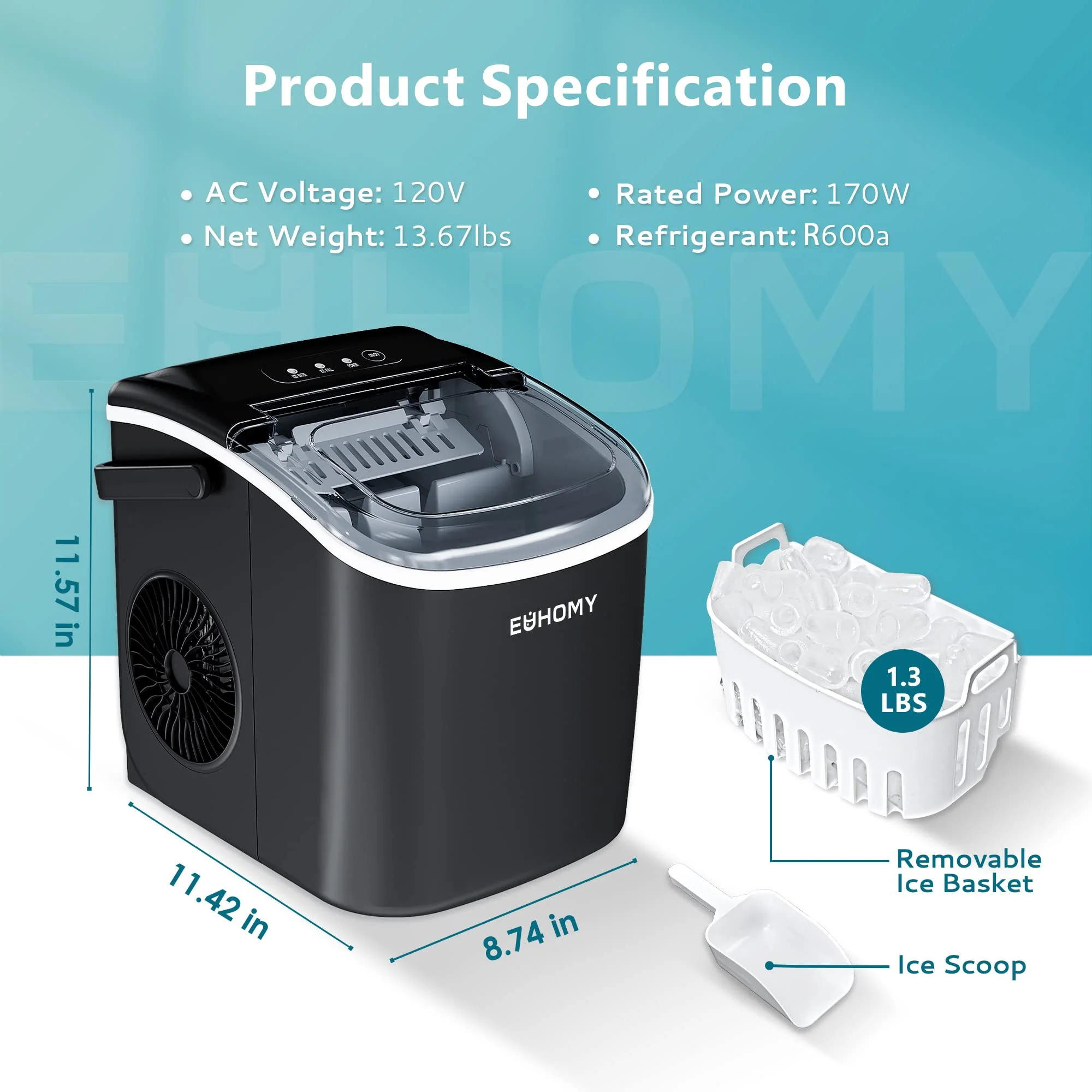 EUHOMY Countertop Ice Maker Machine with Handle