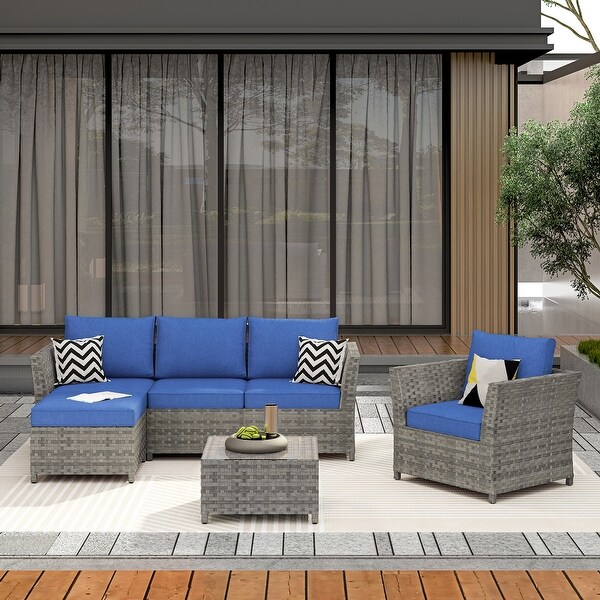 OVIOS 6Piece Patio Grey Wicker Conversation Set