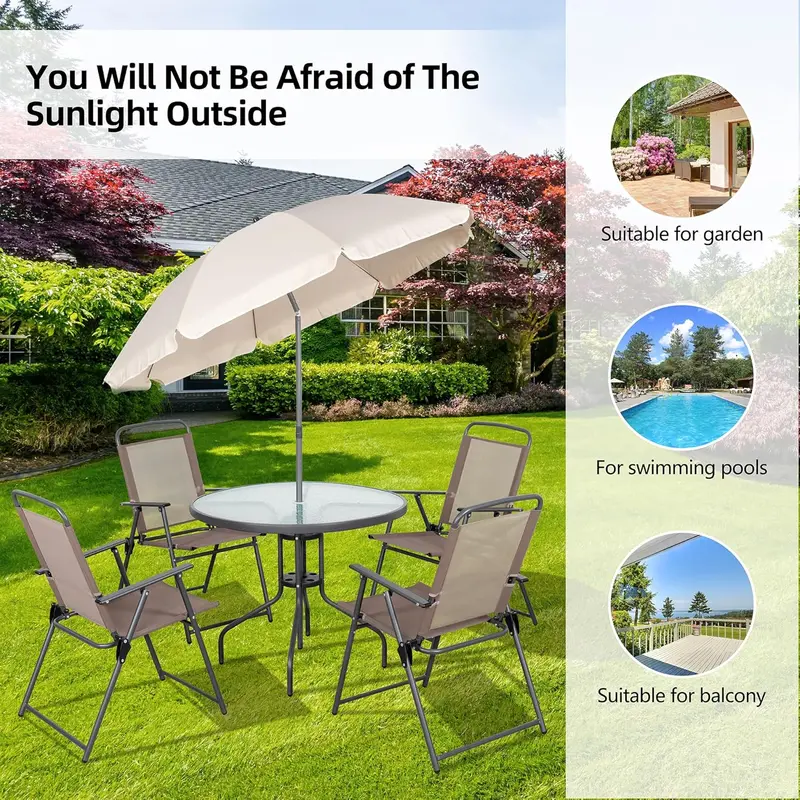 Vongrasig 6-Piece Folding Metal Patio Set with Umbrella – Compact Garden Table and Chair Ensemble