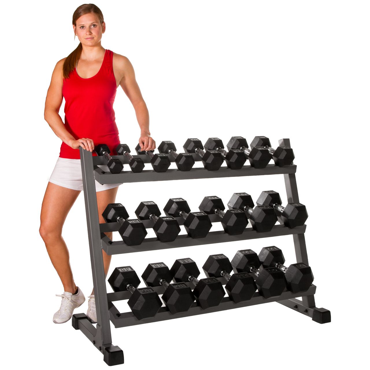 Better Body Rubber Hex Dumbbell Set + Weight Rack | 5-50lbs
