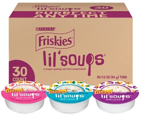 Purina Friskies Grain Free Wet Cat Food Complement Variety Pack, Lil' Soups with Salmon, Tuna or Shrimp - (30) 1.2 oz. Cups
