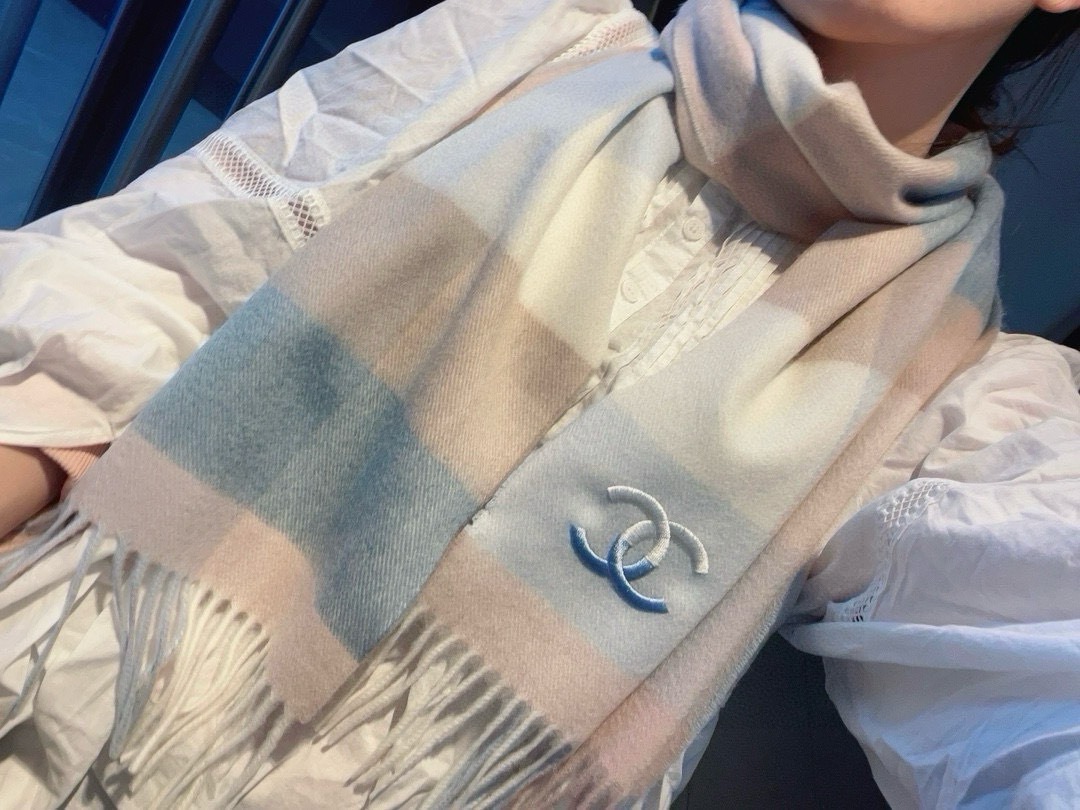 Chanel Cashmere Scarf Plaid Pink For Women 180cm