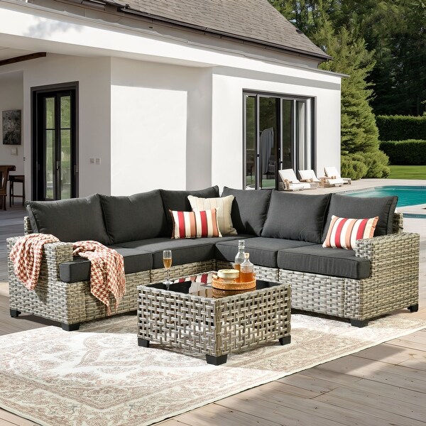 OVIOS 6 Pieces T shaped Seat Wide Armrest Set With SolarPowered Coffee Table