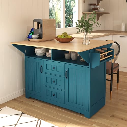 55.7'' Large Kitchen Island with 2 Drop Leaf, Rolling Kitchen Cart on 5 Wheels with Power Outlet, Folding Dining Table with Spice & Towel Rack, 3 Drawers, for Kitchen, Dining Room,Black