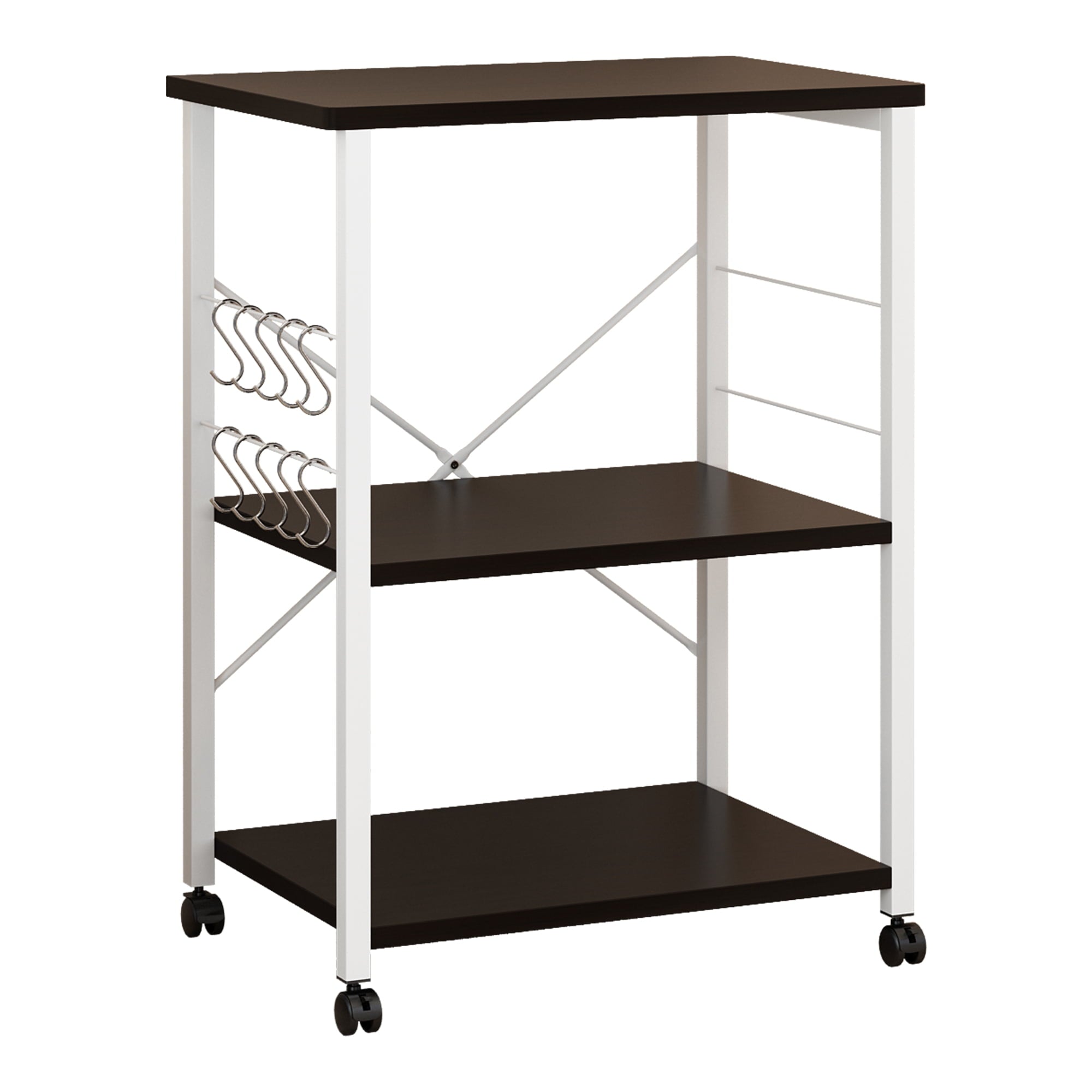 Zimtown 3 Tier Rolling Bar Cart, Kitchen Microwave Oven Stand Cart Island on Wheels with Storage Shelves, Coffee Station, Wood/Metal, Dark Brown/White