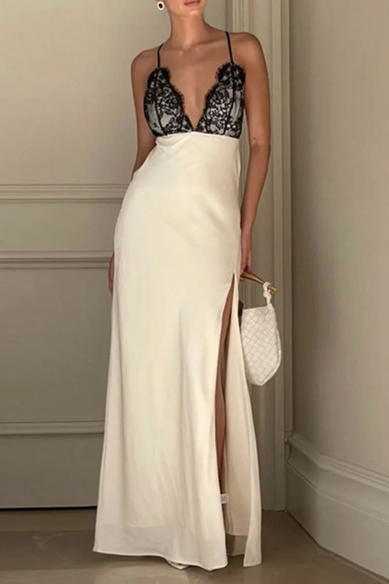 Plunging V-Neck Backless Lace Maxi DressClistos