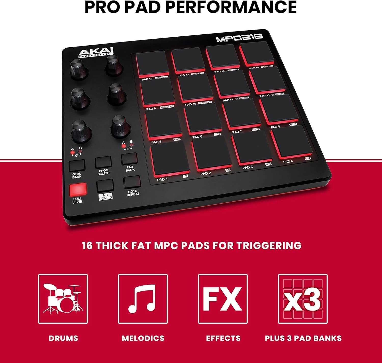 22-Key USB MIDI Controller with 16 MPC Drum Pads, 6 Assignable Knobs, Note Repeat and Full Level Buttons and Production Software