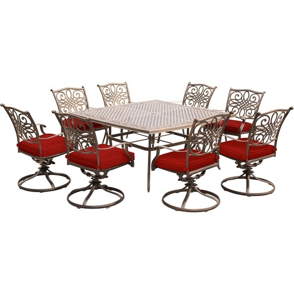 Cambridge Seasons 9Piece Dining Set in Red with Eight Swivel Rockers and a Large 60In. Casttop Square Table