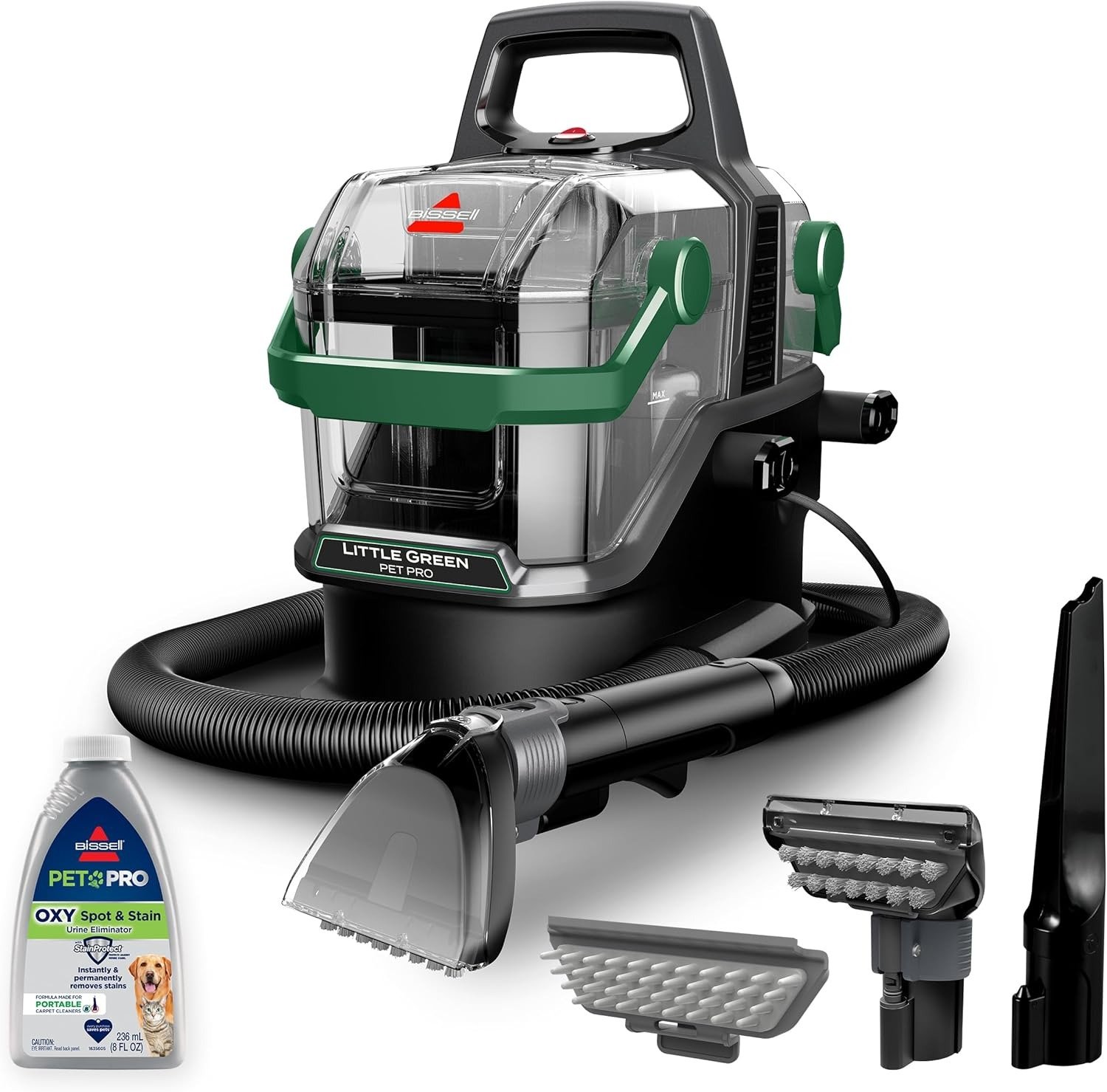 Green Pet Pro Portable Carpet and Upholstery Deep Cleaner, Car/Auto Detailer with Self-Cleaning Tough Stain, Pet Hair Removal, Crevice Tool