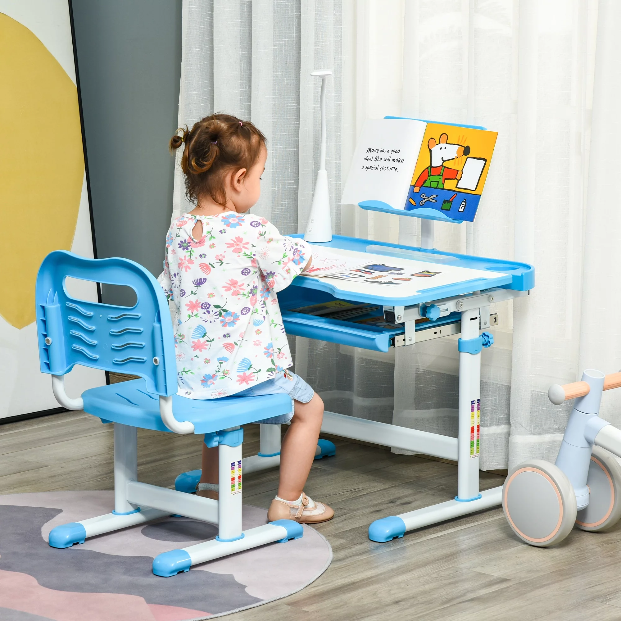Qaba Kids Table and Chair Set, Activity Desk with USB Lamp, Storage Drawer for Child, Blue and White