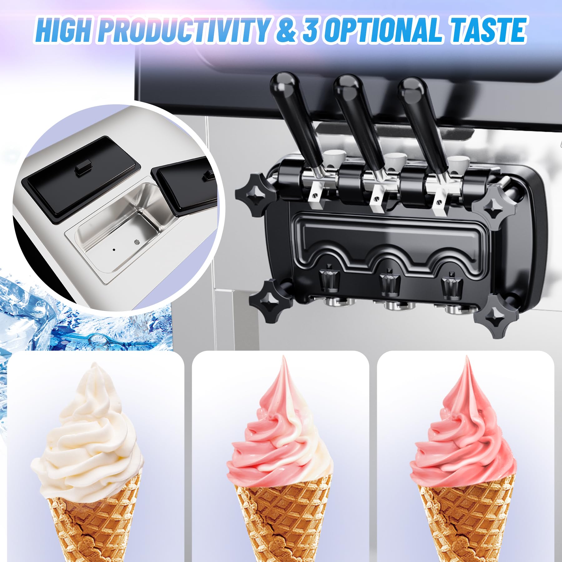 2026 2200W Commercial Ice Cream Machine, 3 Flavor Soft Serve Ice Cream Machine, 5.3-7.4 Gal/Hr, with LCD Touch Screen, Automatic Cleaning, High Productivity for Home Snack Bar & Restaurants