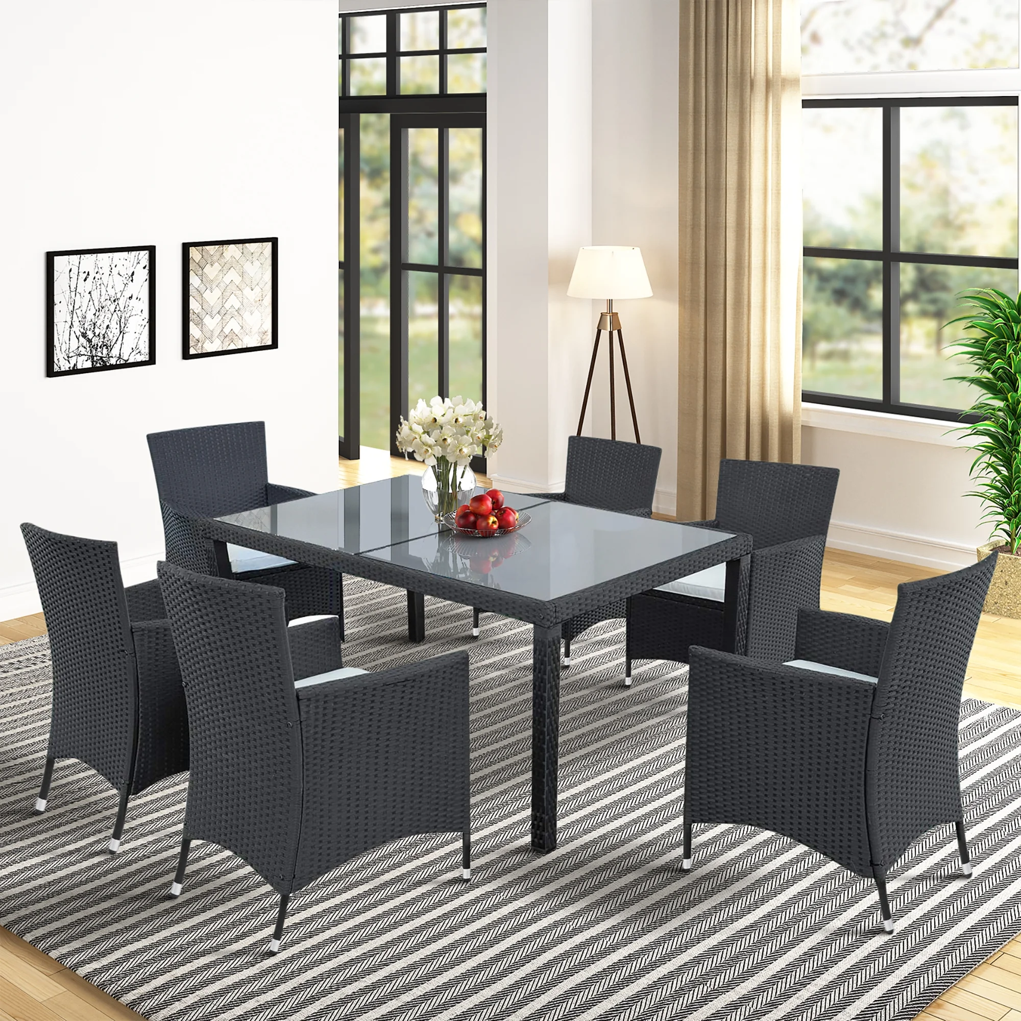 Outdoor PE Rattan Wicker Dining Table Set, Patio Dining Furniture Wicker Rattan Dining Table Set of 7 , Dining Set with 6 Chairs in Beige Cushions, Black